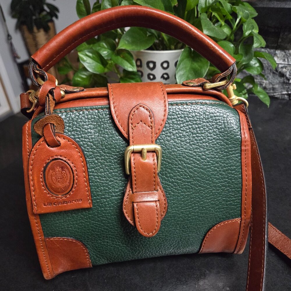 Vintage Green and Brown Leather Handbag Liz Claiborne